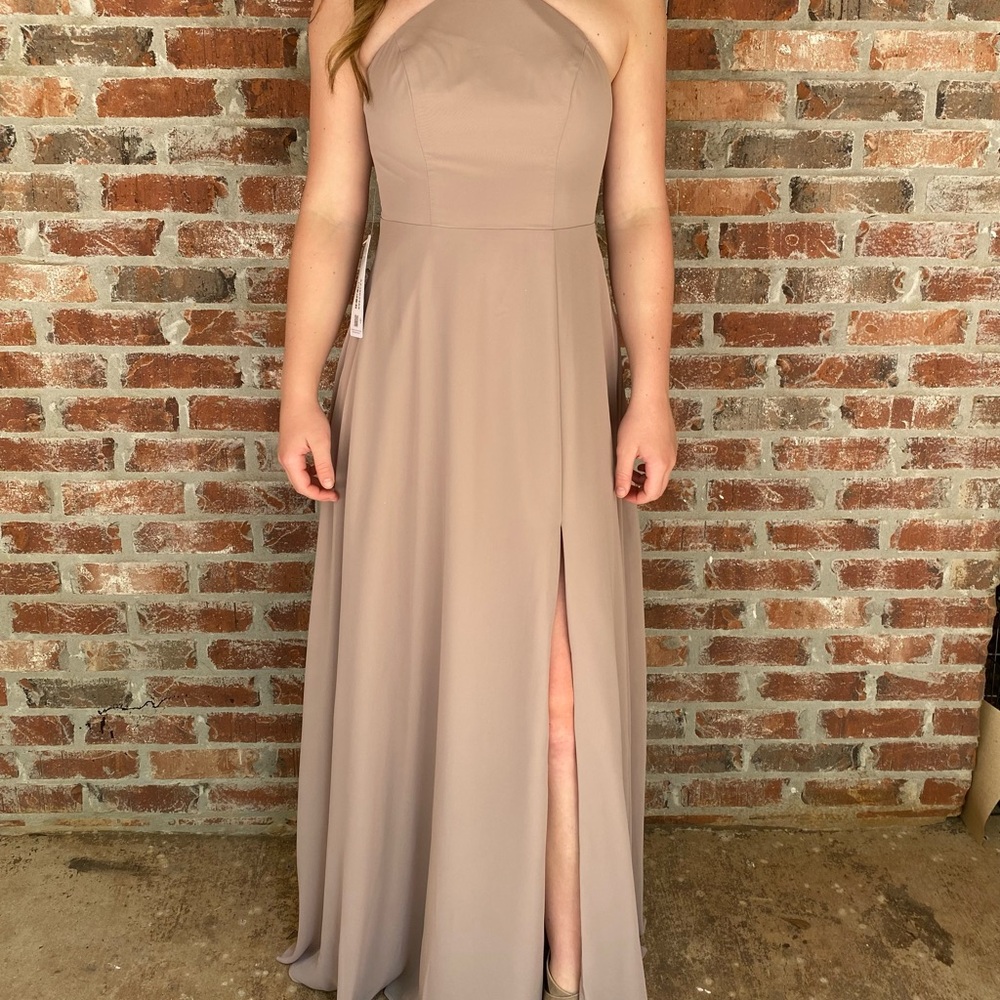 Azazie Bailey Flowy Halter Side Slit Chiffon Dress Taupe Size A4.  CSW132P6.